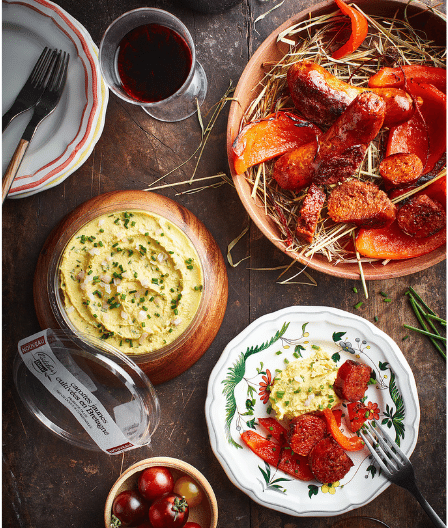 chorizo et poivrons fumés au foin de crau, carottes jaunes et fromage (1)